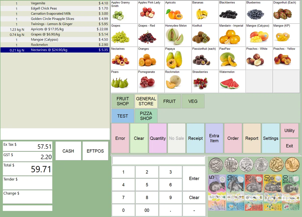 Sales screen with weighed items