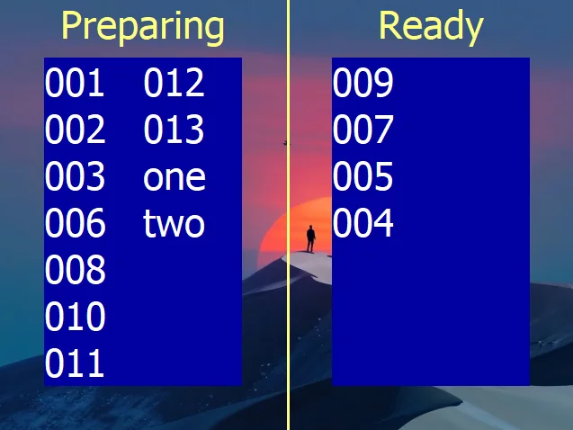 Preparing and Ready order screen