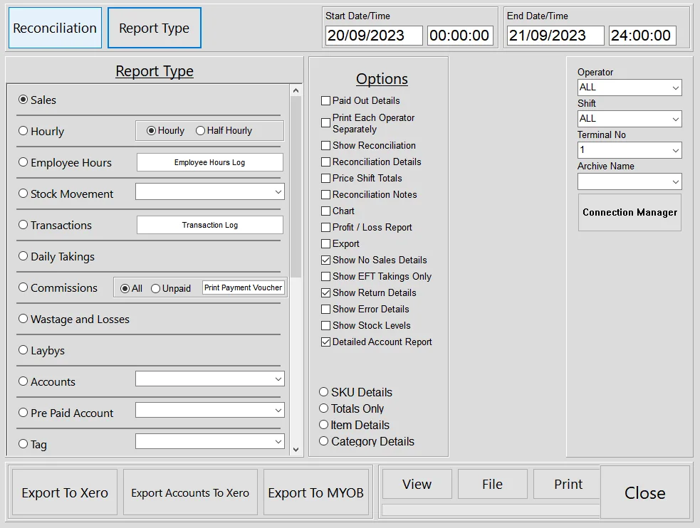 NeoPOS reports screen